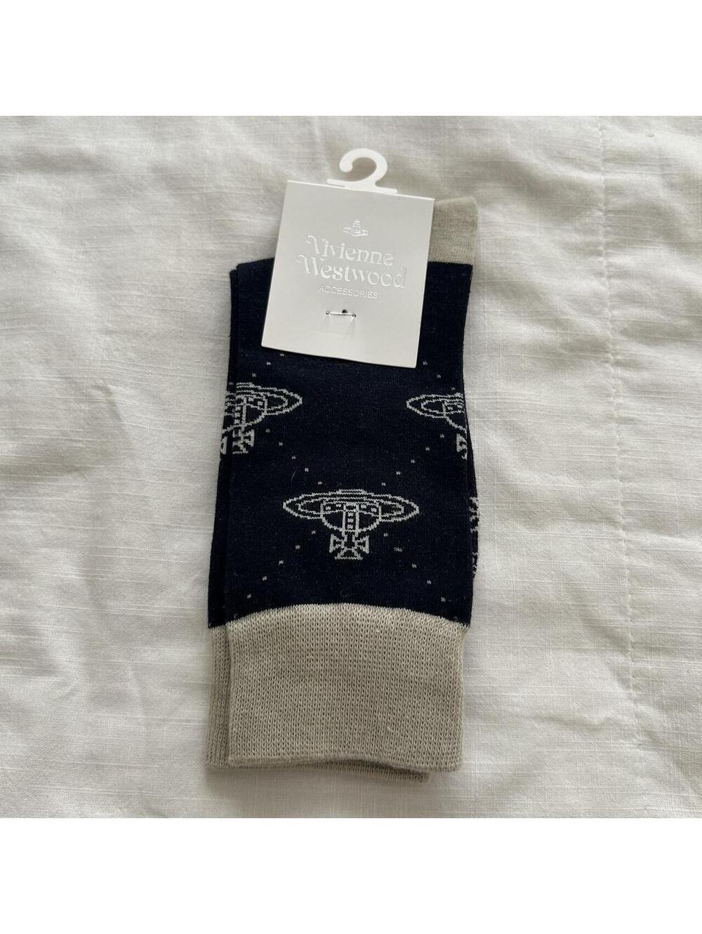 Vivienne Westwood Black Beige Orb Knit Socks 22.5-24.5cm Made in Japan